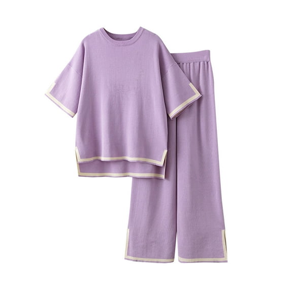 QUYUON Wide Leg Pants Sets Women 2 Piece Summer Outfits Crew Neck Short Sleeve Pullover Tops Elastic Waist Pants Side Split Sweater Sets Color Block Matching Sets Loungewear Purple One Size