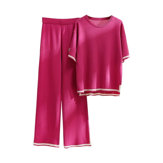 QUYUON Wide Leg Pants Sets Women 2 Piece Summer Outfits Crew Neck Short Sleeve Pullover Tops Elastic Waist Pants Side Split Sweater Sets Color Block Matching Sets High Low Loungewear Hot Pink-A S