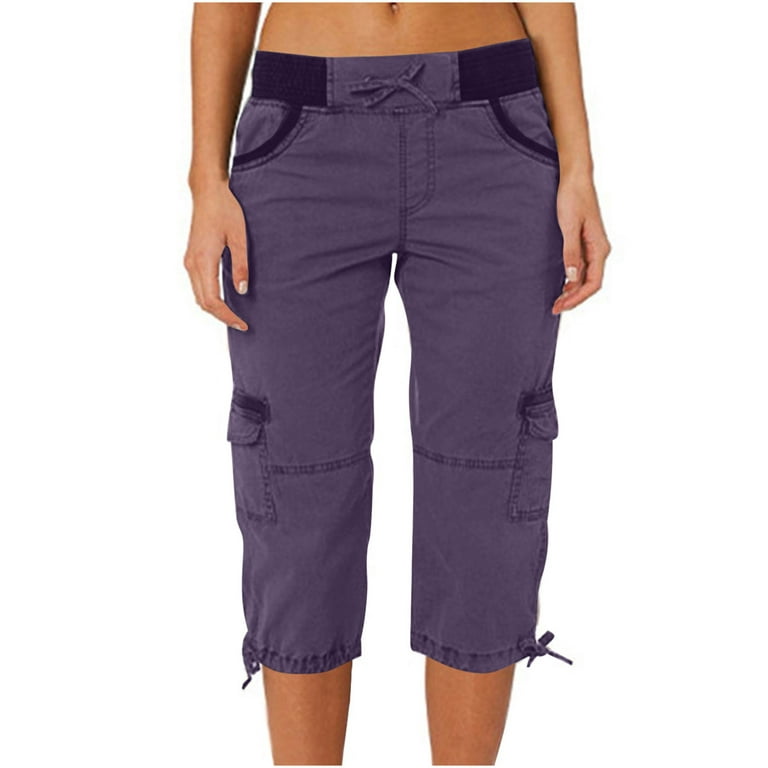 QUYUON Hiking Pants for Women Lightweight Summer Solid Pocket Bandage  Straight Elastic Waist Fashion Casual Full Length Pants Women Pants Dressy