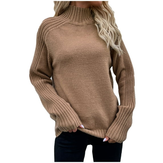 QUYUON Winter Sweaters for Women Turtleneck Sweaters Womens Ribbed Knit Casual Long Sleeve Turtle Neck Sweater Pullover Knit Jumper Tops Soft Lightweight Warm Winter Shirts Brown L
