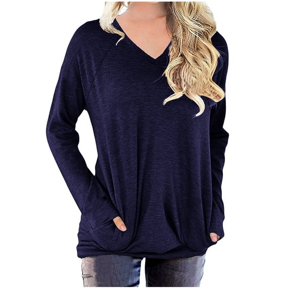 QUYUON Winter Sweatshirts for Women Discount Womens Cute Sweatshirts Polyester Long Sleeve V-Neck Solid Blouse Tops Style S-793 Breathable Nurse Sweatshirts Ladies Classic Fit Shirts Navy XL