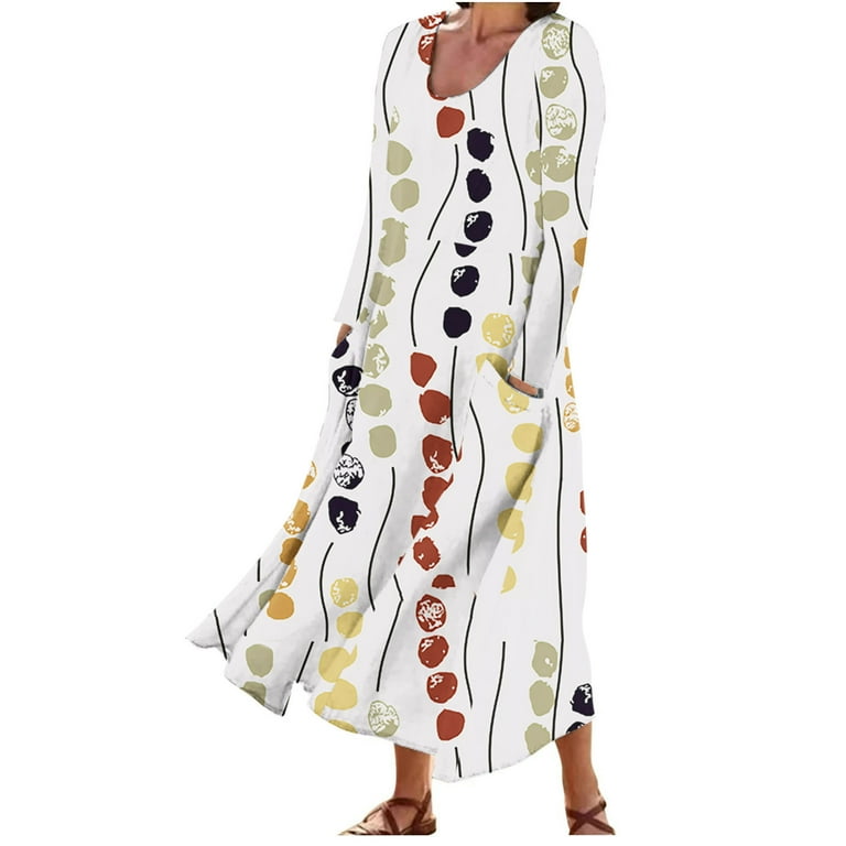 QUYUON Winter Wedding Guest Dress Clearance Summer Casual Printed Long  Sleeve Round Neck Pocket Dress Long Sleeve Midi Dress Women Midi Boho Dress