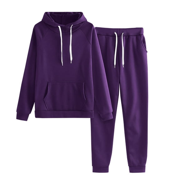 QUYUON Women 2 Piece Hoodie Set - Drawstring Solid Long Sleeve Sweatshirt Pullover Joggers Sweatpants Sets Pockets Sweatsuit Sets Women's Tracksuits Two Piece Outfits F-Purple XL