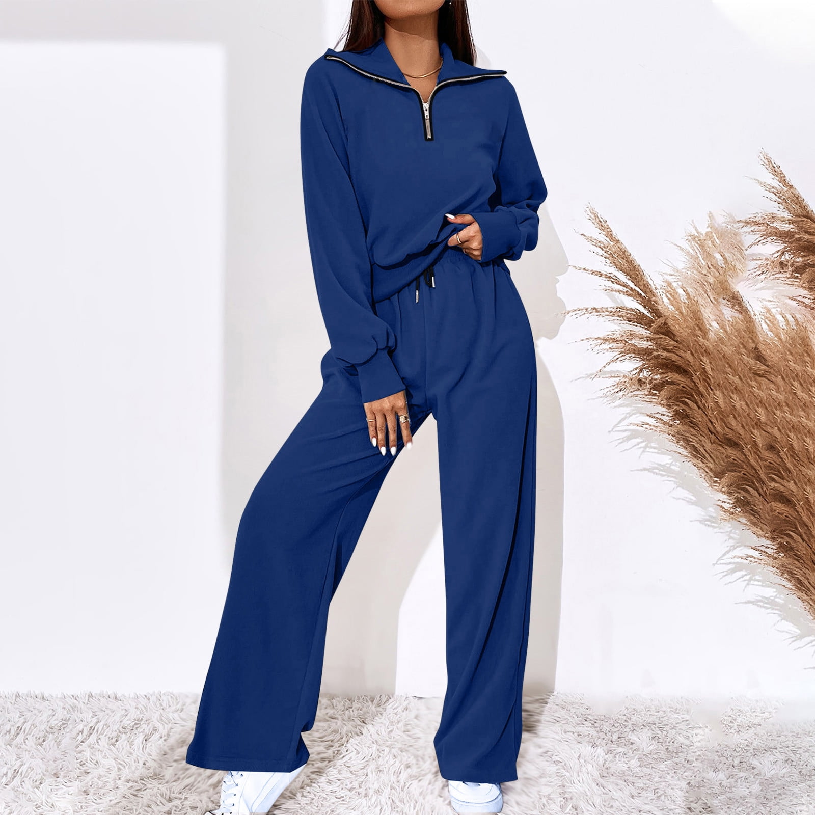 QUYUON Women 2 Piece Outfits Quarter Zip Up Sweatshirt and