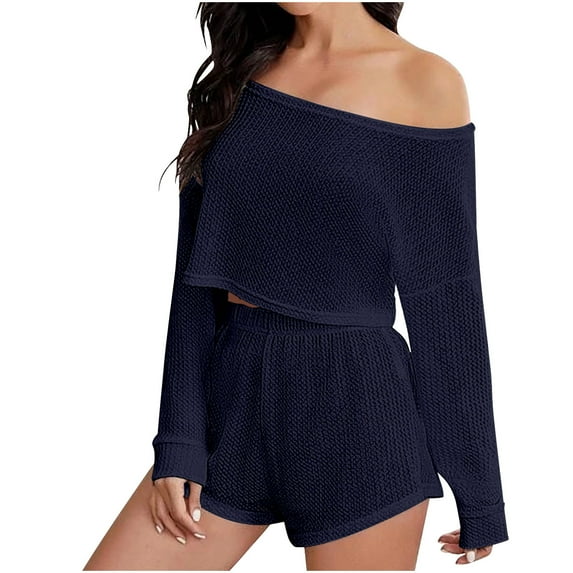 QUYUON Women 2 Piece Outfits Shorts Sets Long Sleeve Scoop Neck Crop Tops Elastic High Waisted Shorts Pants Lounge Sets Casual Summer Solid Color Two Piece Outfits Pajamas Set Dark Blue S