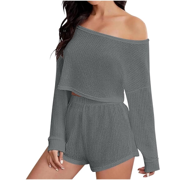 QUYUON Women 2 Piece Outfits Shorts Sets Long Sleeve Scoop Neck Crop Tops Elastic High Waisted Shorts Pants Lounge Sets Casual Summer Solid Color Two Piece Outfits Pajamas Set Gray M