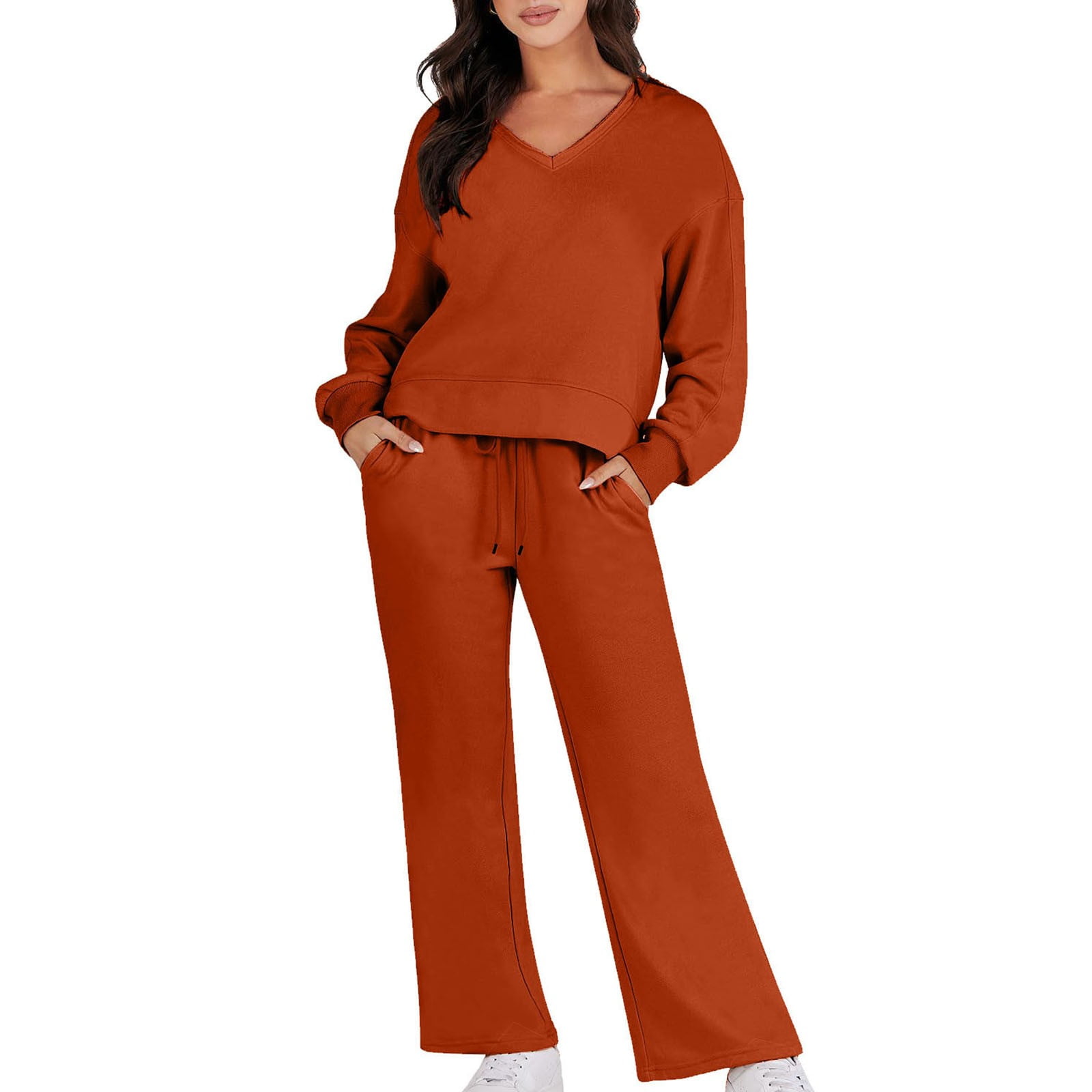 QUYUON Women 2 Piece Outfits Sweatsuit Set 2023 V-Neck Long Sleeve Fall ...