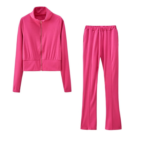 QUYUON Women 2 Piece Outfits Winter Warm Long Sleeve Full Zip Jackets Cropped Sweatshirts Elastic Waist Long Pants Lounge Sets Two Piece Outfits Lounge Sets Matching Clothes Pink M