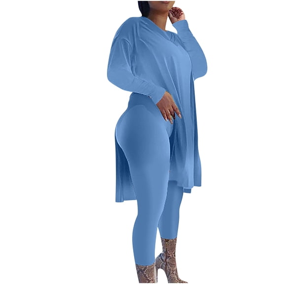 QUYUON Women 2 Piece Outfits - Women’s Plus Size Long Sleeve V-Neck Sweatshirt Pullover Tops Side Split Long Pants Sets Shirt and Pants Suits Two Piece Pants Sets Loungewear Blue 5XL
