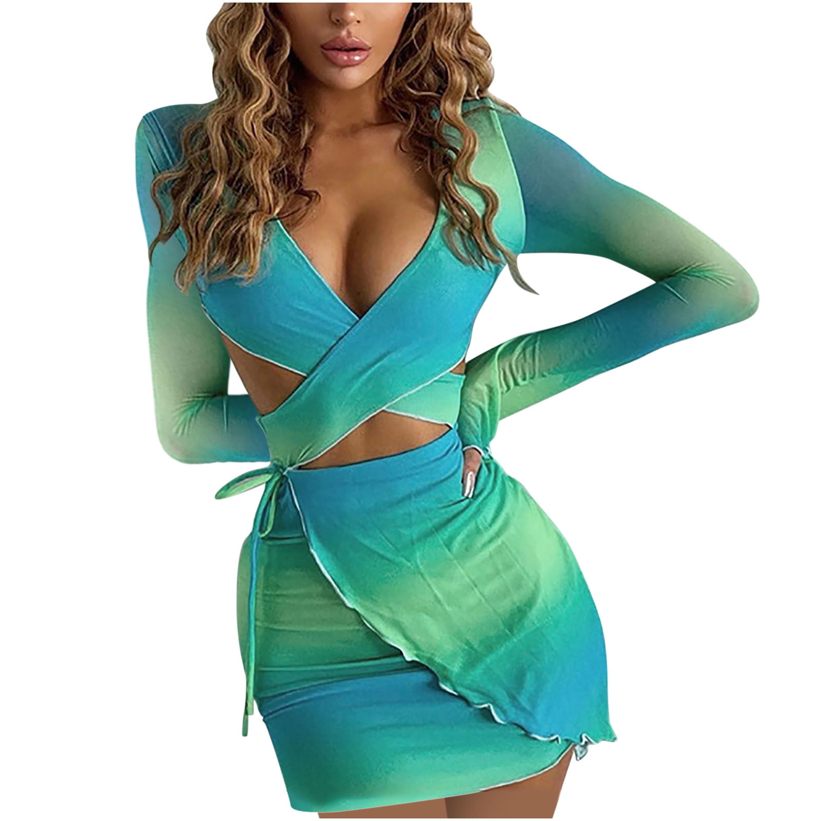 QUYUON Women 2 Piece Set Summer Outfits Deep V Neck Front Cross