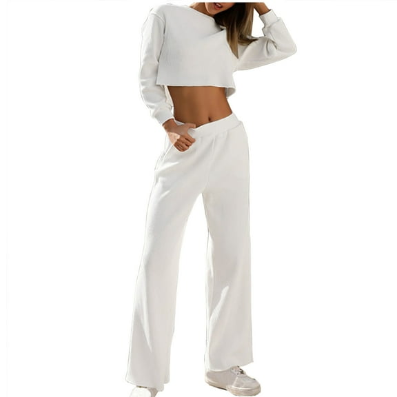 QUYUON Women 2 Piece Set Winter Long Sleeve Crew Neck Pullover Sweatshirts Elastic Waist Long Pants Two Piece Outfits Casual Loose Pants Sets Matching Sets Loungewear White S
