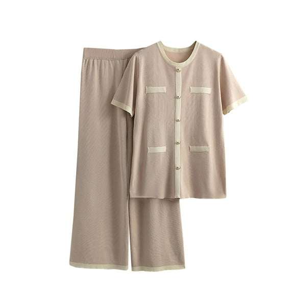 QUYUON Women 2 Piece Summer Outfits Casual Crew Neck Short Sleeve Button-Down Shirt Tops Elastic Waist Wide Leg Pants Sweater Sets Matching Set Loungewear Khaki One Size