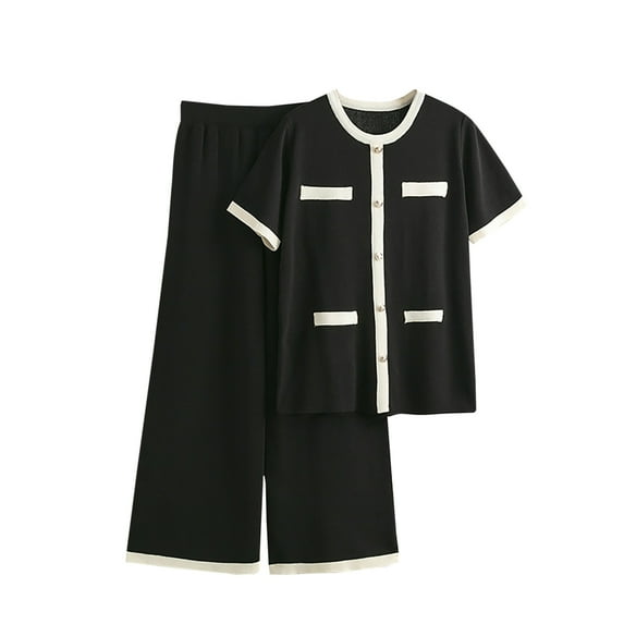QUYUON Women 2 Piece Summer Outfits Casual Crew Neck Short Sleeve Button-Down Shirt Tops Elastic Waist Wide Leg Pants Sweater Sets Matching Set Loungewear Black One Size