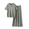 thumbnail image 1 of QUYUON Women 2 Piece Summer Outfits Casual Crew Neck Short Sleeve Tops Pullover Side Split Drawstring High Waisted Pants Set Solid Color Blouse Shirts and Dressy Pants Lounge Set Gray One Size, 1 of 4