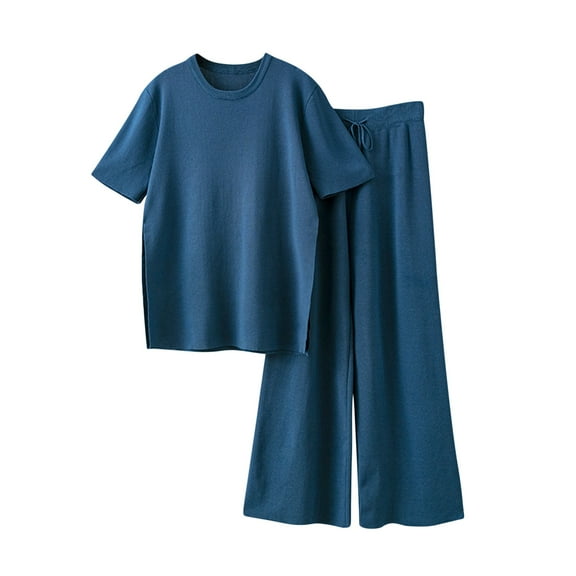 QUYUON Women 2 Piece Summer Outfits Casual Crew Neck Short Sleeve Tops Pullover Side Split Drawstring High Waisted Pants Set Solid Color Blouse Shirts and Dressy Pants Lounge Set Blue One Size