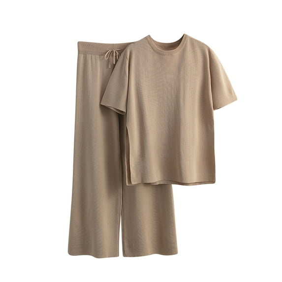 QUYUON Women 2 Piece Summer Outfits Casual Crew Neck Short Sleeve Tops Pullover Side Split Drawstring High Waisted Pants Set Solid Color Blouse Shirts and Dressy Pants Lounge Set Khaki One Size