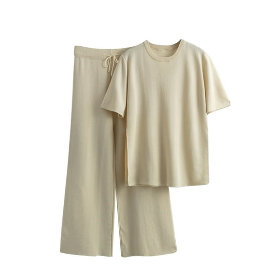QUYUON Women 2 Piece Summer Outfits Casual Crew Neck Short Sleeve Tops Pullover Side Split Drawstring High Waisted Pants Set Solid Color Blouse Shirts and Dressy Pants Lounge Set Beige One Size