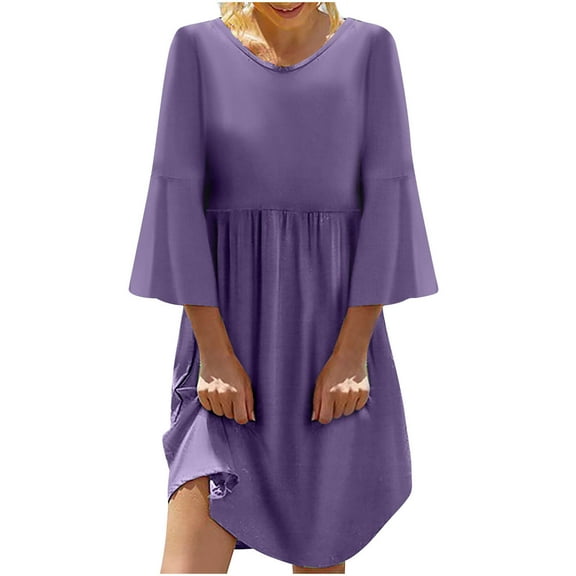 QUYUON Women Babydoll Dress Summer Round Neck Bell 3/4 Sleeve Mini Short Dresses Casual Loose Pleated A-Line Swing Tunic T-Shirt Dress Beach Sundresses Travel Dress, Purple M