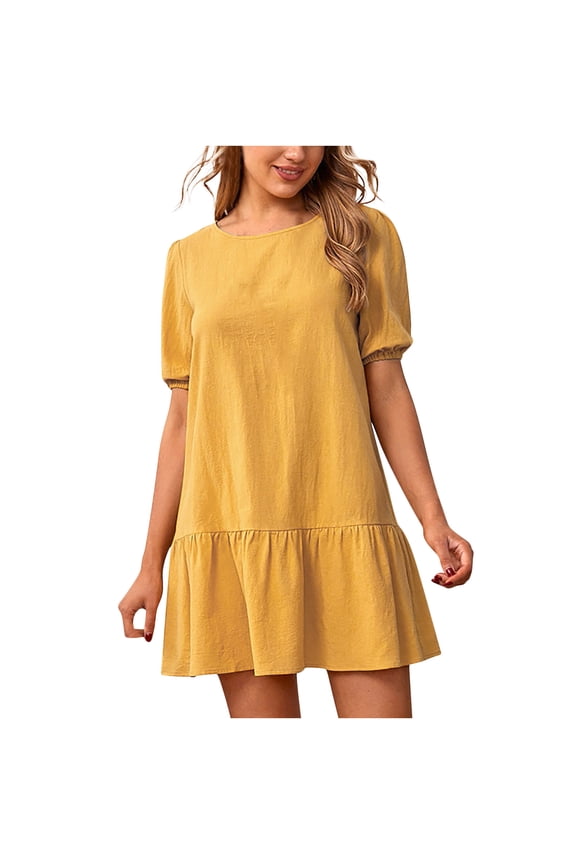 Women Babydoll Dress Summer Round Neck Short Sleeve T-Shirt Mini Dresses Casual Loose Ruffle Tunic Swing A-Line Short Dress Beach Sundresses Evening Cocktail Party Dress, Yellow M