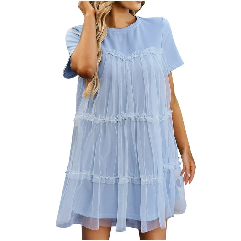 QUYUON Women Babydoll Mini Dress Summer Crew Neck Short Sleeve T