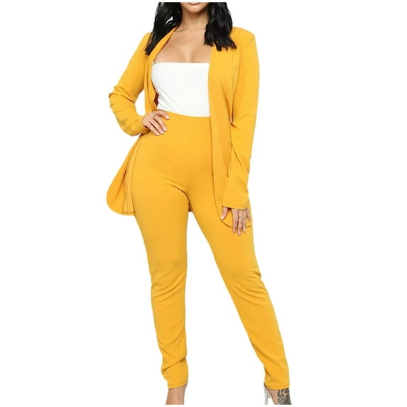 QUYUON Women Business Suits 2 Piece Set Women's Solid Long Sleeve Open Front Cardigans Blazer Jackets Dressy Casual Two Piece Blazer Sets A-Yellow S