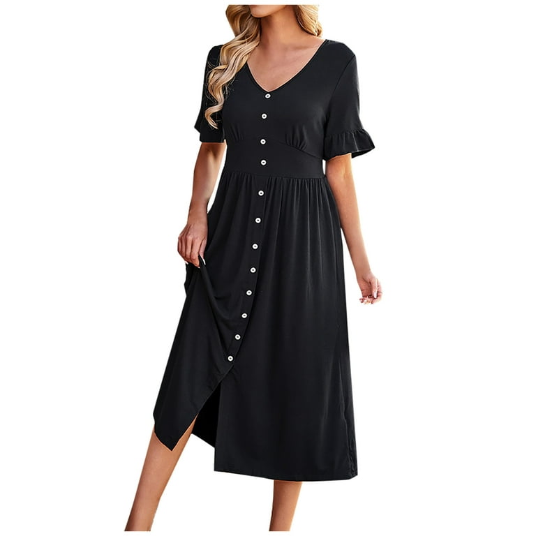 Solid Button Front Belted Dress Elegant Ruched Sleeve Ruffle