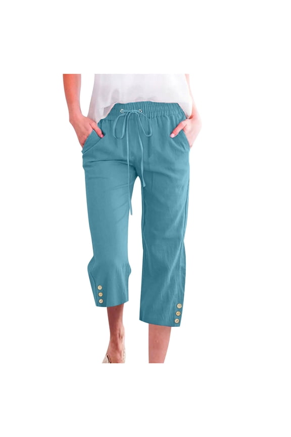 Women Capris Pants with Pockets Buttons Elastic Waist Capris for Casual Summer Clearance Drawstring Cotton Linen Cropped Pants Straight Leg Crop Pants Trouser Style P-311 Dark Blue XXL