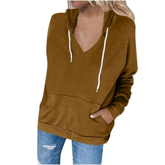 QUYUON Women Casual Long Sleeve Hoodies Sweatshirts Drawstring Pullover Tunic Tops with Pockets V-Neck Tunic Sweatshirts Hooded Shirts Lightweight Fall Sweatshirts Winter Coat Coffee XL