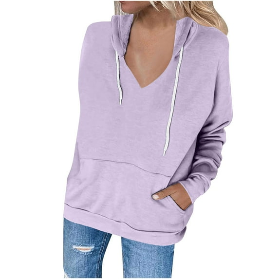 QUYUON Women Casual Long Sleeve Hoodies Sweatshirts Drawstring Pullover Tunic Tops with Pockets V-Neck Tunic Sweatshirts Hooded Shirts Lightweight Fall Sweatshirts Winter Coat Purple XXL