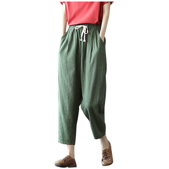 QUYUON Women Casual Pants Sale Fashion Comfortable Leisure Solid Cropped Pants Pockets Loose Pants Women Sweatpants Long Pant Leg Length Activewear Style P10636 Green L