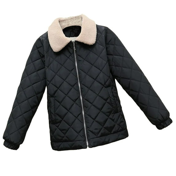 QUYUON Women Casual Quilted Lightweight Jackets Winter Fleece Lined Lapel Long Sleeve Full Zip up Puffer Jacket Thicken Warm Padded Coat Outerwear Style C-11 Black XL