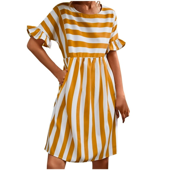 QUYUON Women Casual Summer Striped Dresses Ruffle Short Sleeve Round Neck Beach Sundress Pleated A-Line Swing Flowy Dress Evening Cocktail Party Pullover Dress, Yellow XL