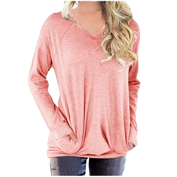 QUYUON Women Crewneck Sweatshirt Discount Sweatshirt Women Trendy Polyester Long Sleeve V-Neck Solid Pullover Tops Style S-618 Stretch Trendy Sweatshirts Snug Fit Shirts Pink S