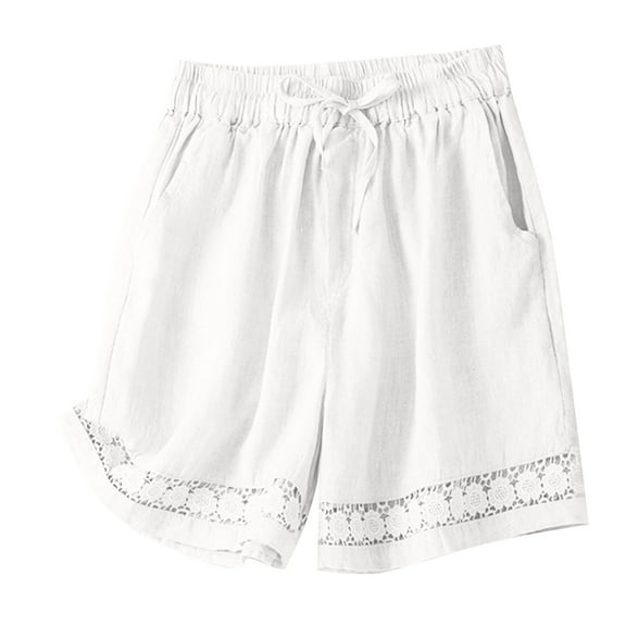 QUYUON Women Drawstring Elastic Waist Shorts Hollow Out Lace Short Pants with Pockets Comfy Loose Lightweight Lounge Shorts Style S-31 Casual Summer Linen Shorts Pull On Shorts , White L