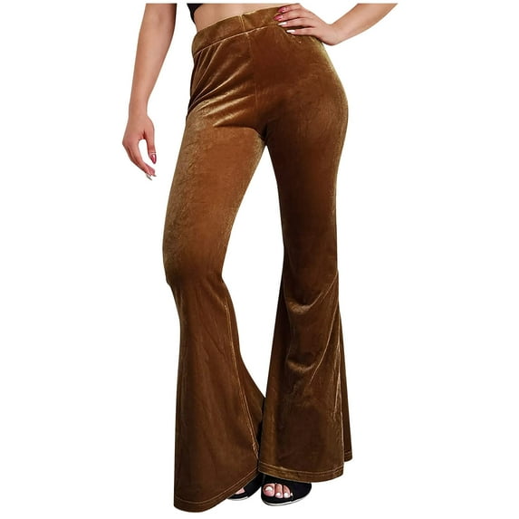 QUYUON Women Dress Pants Discount Fashion Comfortable Solid Color Leisure Bell Bottoms Pants High Waist Pants Travel Pants Women Long Pant Leg Length Casual Style P10854 Coffee XL