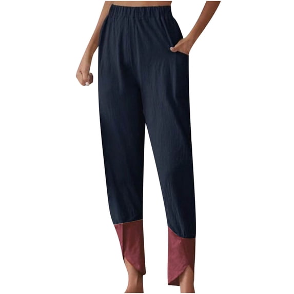 QUYUON Women Dress Pants Discount Solid Color Casual Straight Leg Pants Loose Pocket Cotton Linen Leg Pants Womens Pants Casual Long Pant Leg Length Workwear Style P6262 Dark Blue M