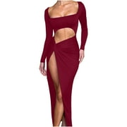 QUYUON Women Dresses Clearance Casual Solid Dress Long Sleeve Dress Cocktail Dresses Women Evening Party Squared Neckline Midi Bodycon Dress Style D-19300 Wine M