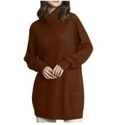 QUYUON Women Dresses for Wedding Guest Clearance Sweater Dress Long Sleeve High Neck Pullover Pocket Mid Length Dress Loose Sweater Long Fall Dresses Midi Slip Dress Style D-1939 Brown XL