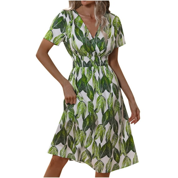 QUYUON Women Floral Midi Dress Ladies Wrap V-Neck Short Sleeve Elastic Waist Summer Dresses Casual Loose Boho Floral Print Pleated A-Line Beach Dress Tunic T-Shirt Sundress, Green XL