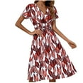 thumbnail image 1 of QUYUON Women Floral Midi Dress Ladies Wrap V-Neck Short Sleeve Elastic Waist Summer Dresses Casual Loose Boho Floral Print Pleated A-Line Beach Dress Tunic T-Shirt Sundress, Wine L, 1 of 8