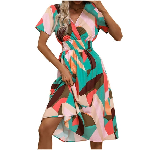 QUYUON Women Floral Midi Dress Ladies Wrap V-Neck Short Sleeve Elastic Waist Summer Dresses Casual Loose Boho Floral Print Pleated A-Line Beach Dress Tunic T-Shirt Sundress, Sky Blue M