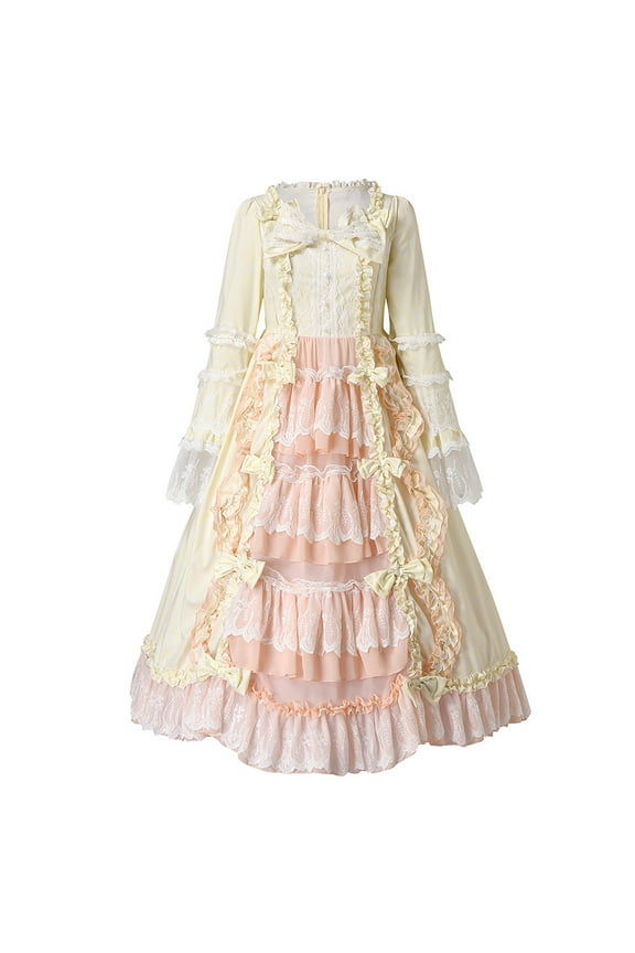 Women Gothic Ball Gown Vintage Front Bow knot Square Neck Lace Bell Long Sleeve Prom Dresses Ruffle Tiered Pleated A-Line Maxi Dress Evening Party Cocktail Long Dresses Beige Large