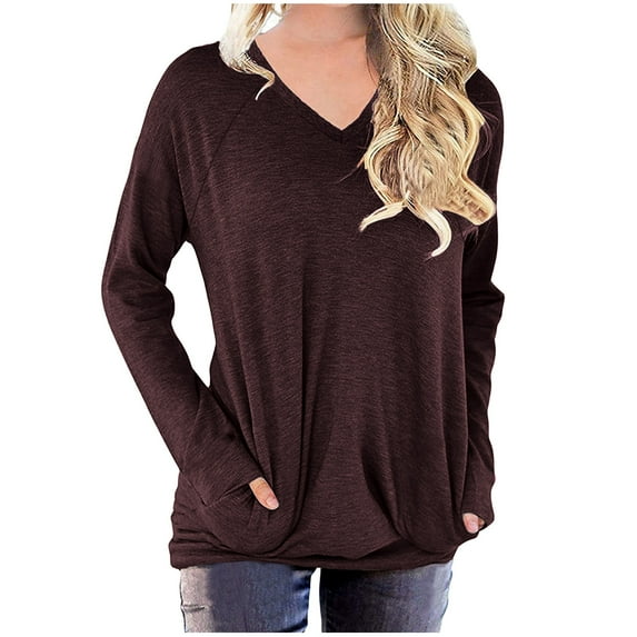 QUYUON Women Graphic Sweatshirts Deals Women's Novelty Sweatshirts Polyester Long Sleeve V-Neck Solid Blouse Tops Style S-766 Breathable Casual Sweatshirts Ladies Oversized Fit Shirts Brown M