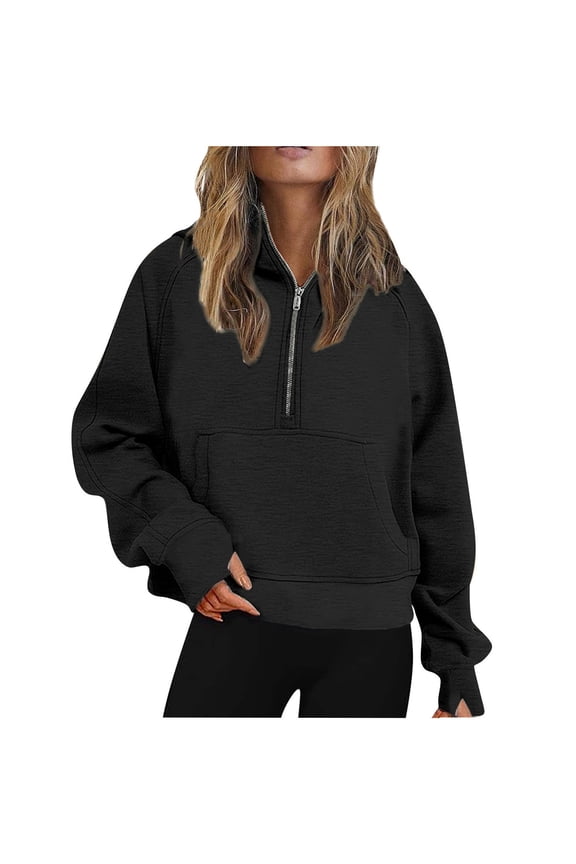 Women Half Zip Hoodie Cropped Sweatshirts Womens Pullover Quarter Zip Long Sleeve Soft Lightweight Crop Tops Fleece Jackets Sweaters Sweatshirts Hoodies Outwear Coat Black S