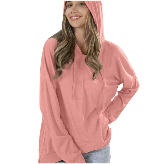 QUYUON Women Hoodies Pullover Shirts Drawstring Casual Long Sleeve Hooded Sweatshirts Solid Color Blouse Tops with Hood Fall Sweatshirts Winter Thin Hoodies Sweatshirt Coat Pink S