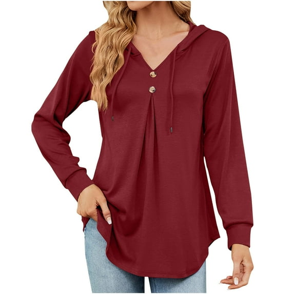 QUYUON Women Hoodies Shirts Drawstring Casual Button Long Sleeve Tunic Sweatshirts Solid Color Comfy Loose Lightweight Fall Sweatshirts Winter Shirts Warm Coat Sweater Outwear Wine M