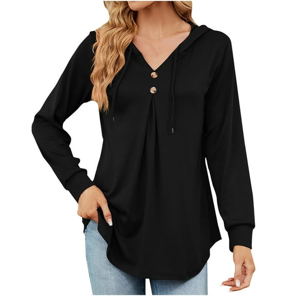 QUYUON Women Hoodies Shirts Drawstring Casual Button Long Sleeve Tunic Sweatshirts Solid Color Comfy Loose Lightweight Fall Sweatshirts Winter Shirts Warm Coat Sweater Outwear Black S