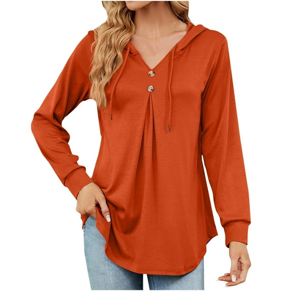 QUYUON Women Hoodies Shirts Drawstring Casual Button Long Sleeve Tunic Sweatshirts Solid Color Comfy Loose Lightweight Fall Sweatshirts Winter Shirts Warm Coat Sweater Outwear Orange S