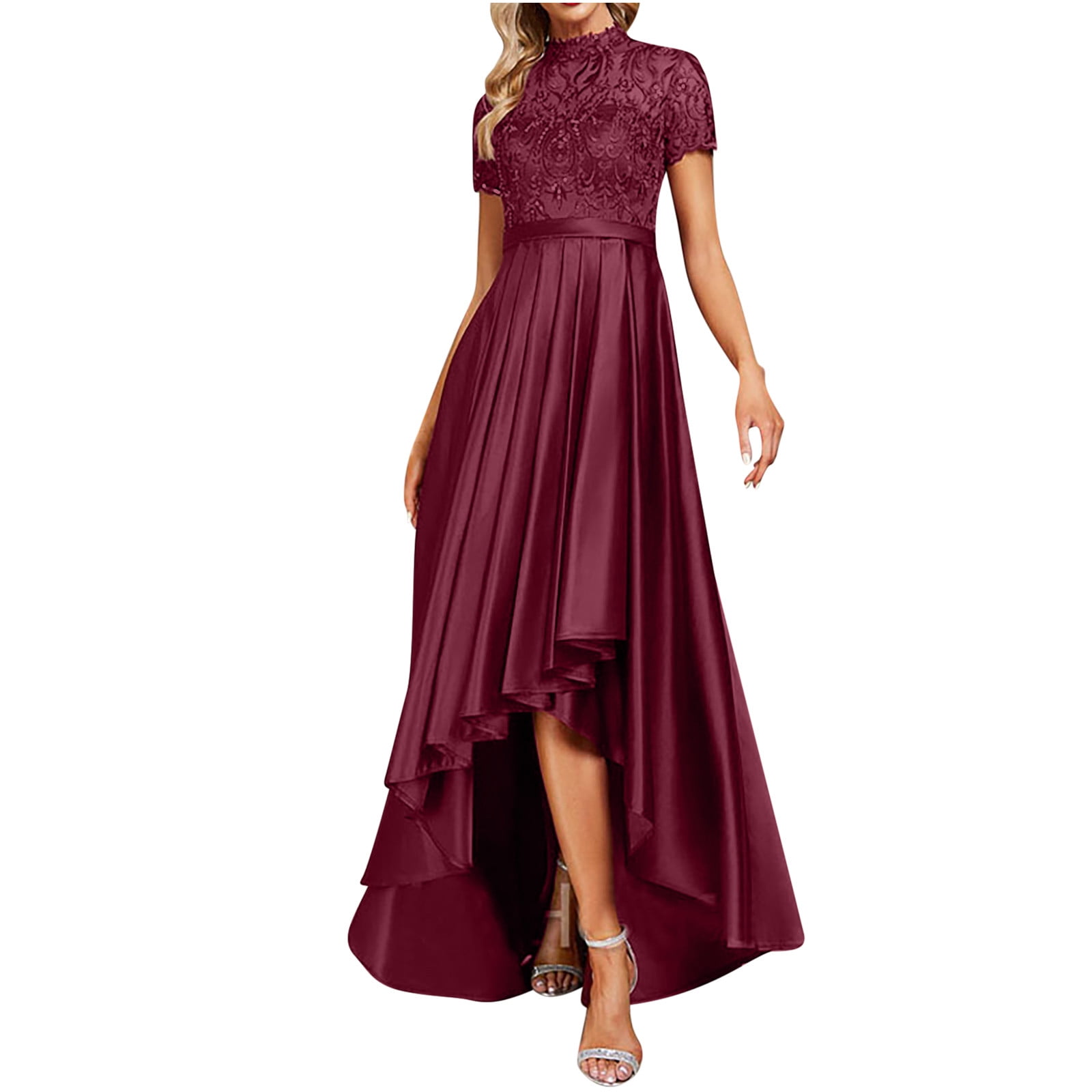 QUYUON Women Lace Maxi Dress Elegant Mock Neck Short Sleeve Wedding Guest Long Dresses High Low Asymmetrical Evening Grown Pleated A Line Cocktail
