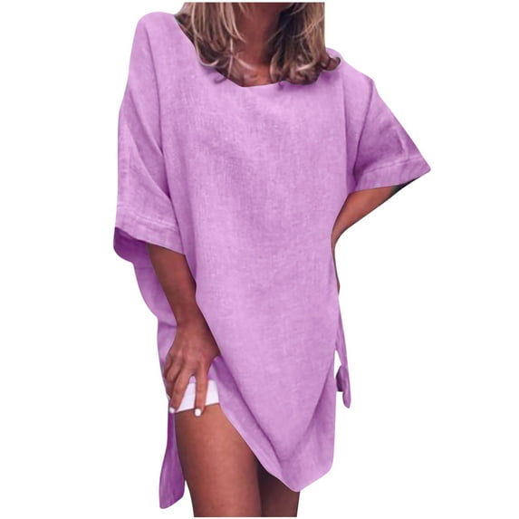 QUYUON Women Linen Dress Round Neck Short Sleeve Summer Dresses 2023 Spring Casual Loose T-Shirt Tunic Short Dress Side Split Beach Sundress Style A-165